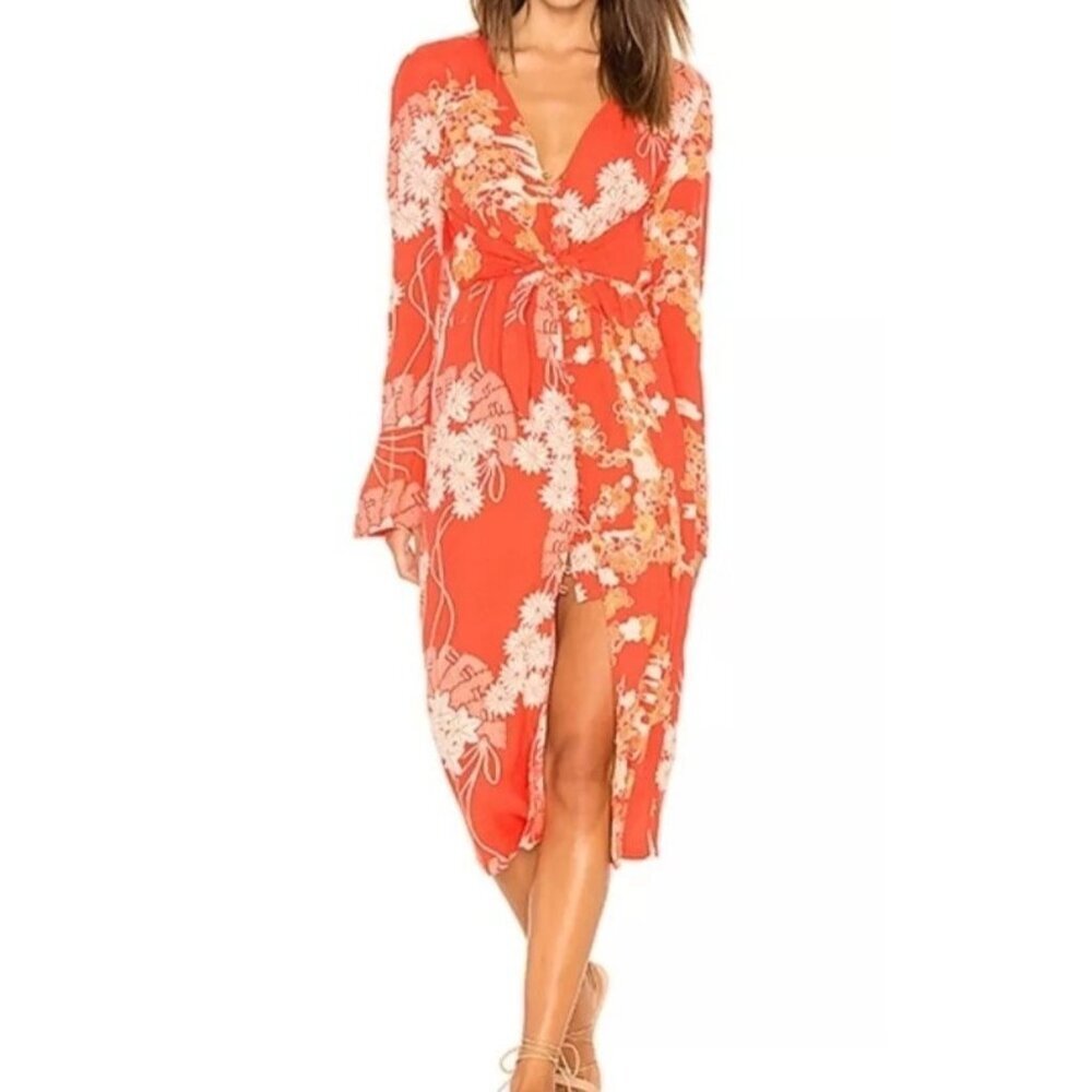 Free People Floral Mixed Print Twist Dress Medium Orange Long Sleeve Bohemian